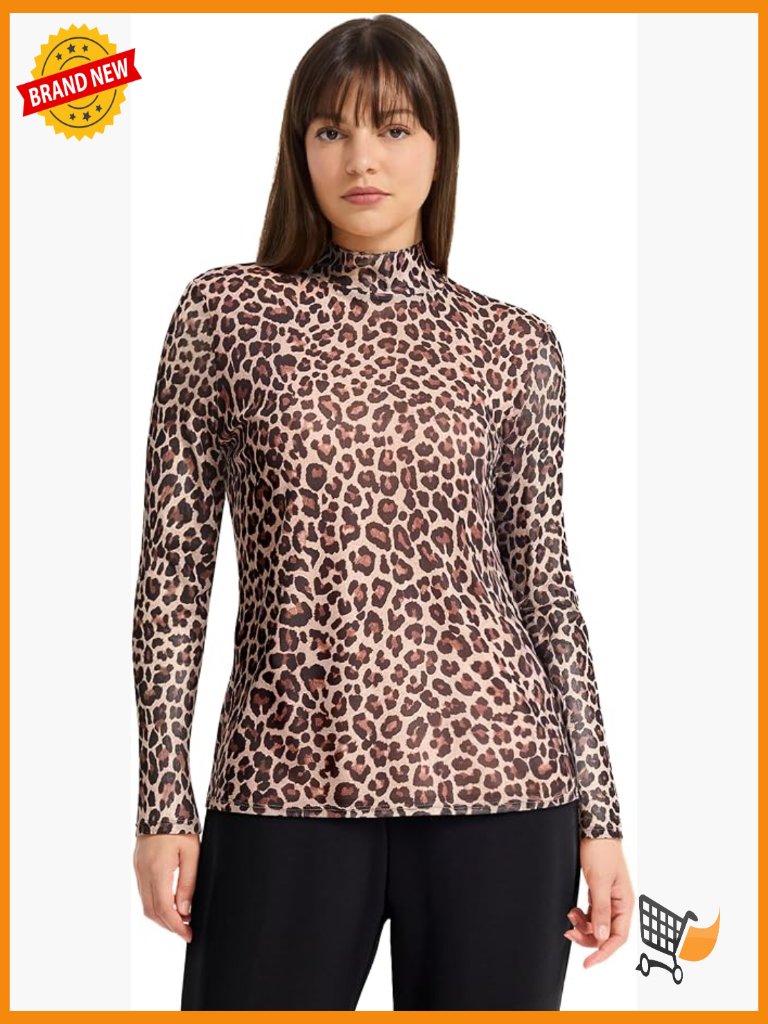 Long Sleeve Cheetah Printed Mesh Top Mock Neck Blouse